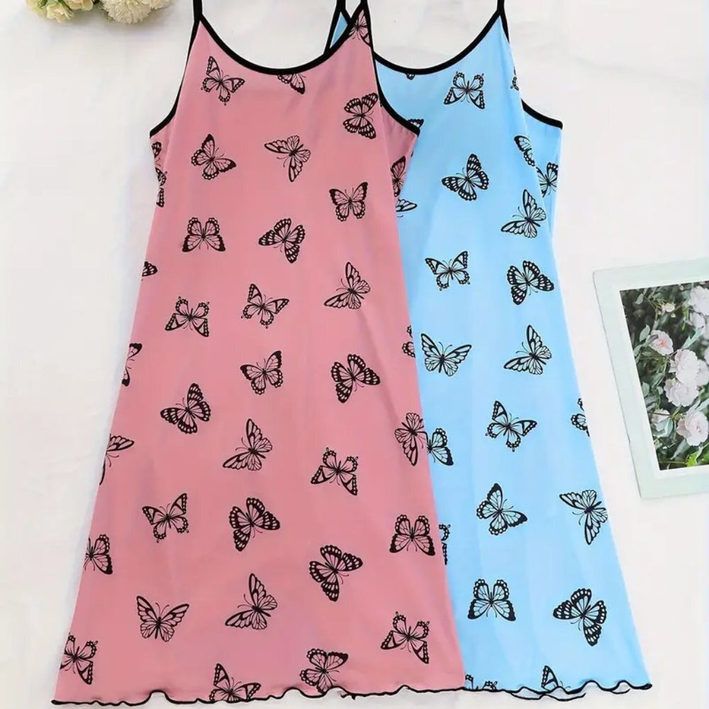 4X 5X Plus Size Butterfly Print Round Neck Lettuce Trim Cami Sleep Night Dress